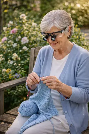 An older woman wearing a blue cardigan and a white shirt is knitting while sitting on a wooden bench in a garden with a variety of flowers and plants.