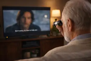 An elderly man using a magnifying device to watch a TV screen that displays a man saying 'Don't worry, I'm here to help you.'