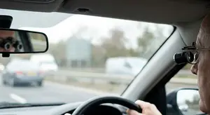 An elderly man with glasses driving a car on a highway, with a rear view mirror showing his reflection and other vehicles behind him.